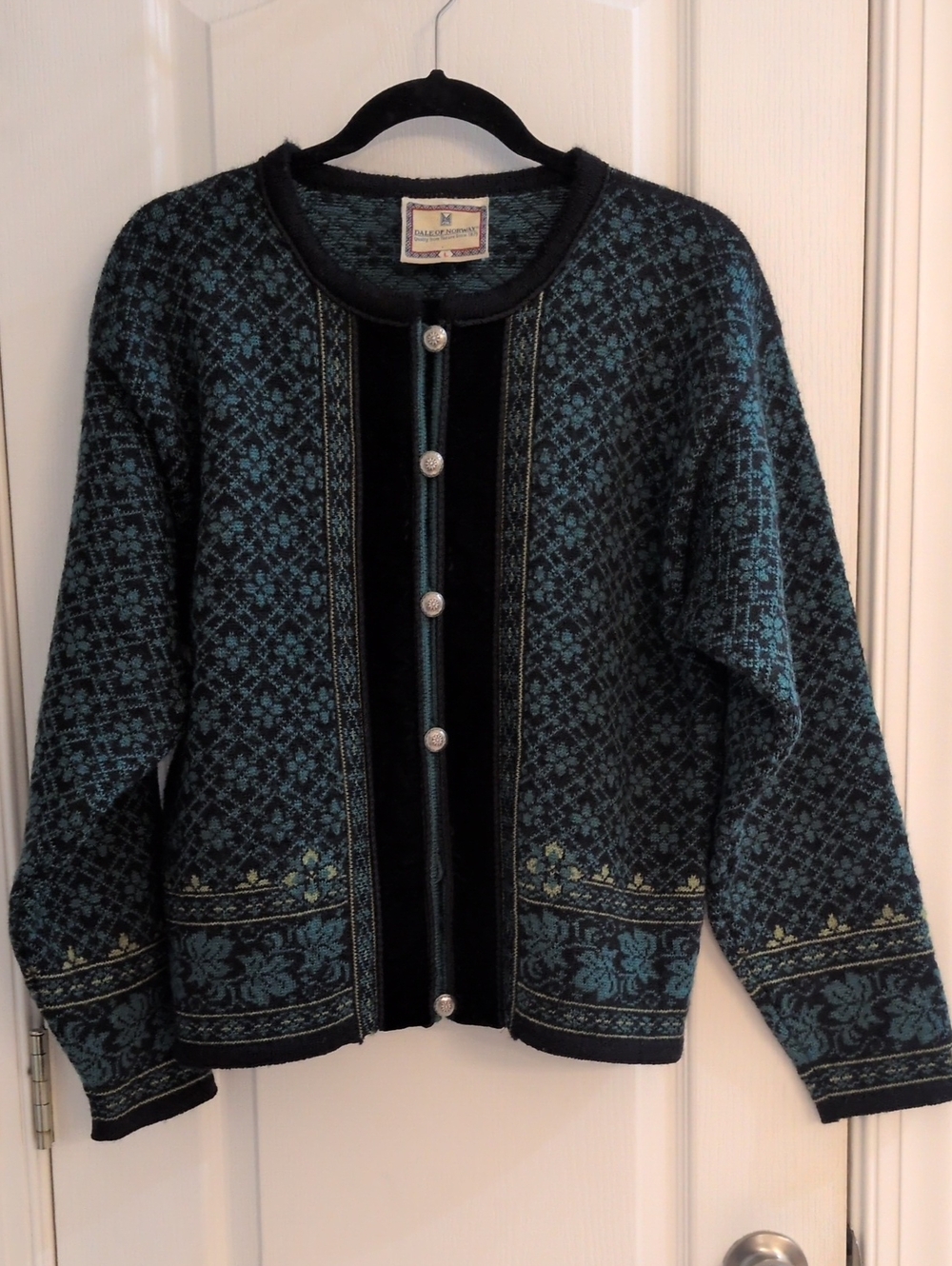 Dale of Norway - Teal and Black Patterned Wool Jacket (Size L)